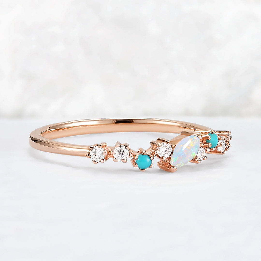 Straight Marquise Shaped Opal Half Enternity Stacking Ring