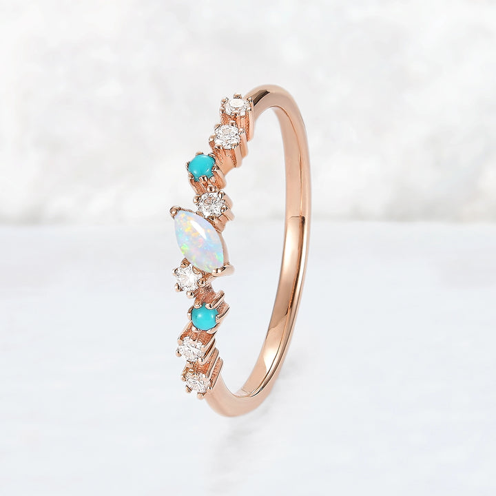 Straight Marquise Shaped Opal Half Enternity Stacking Ring