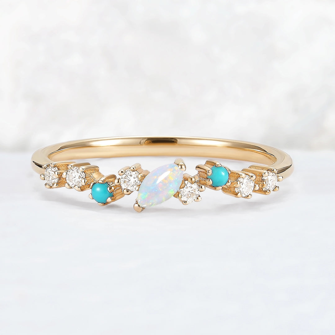 Straight Marquise Shaped Opal Half Enternity Stacking Ring