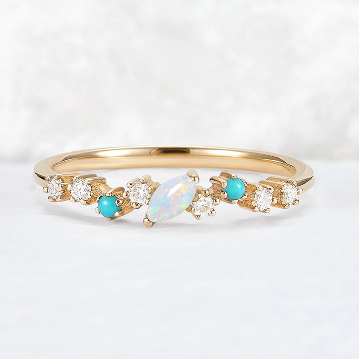 Straight Marquise Shaped Opal Half Enternity Stacking Ring