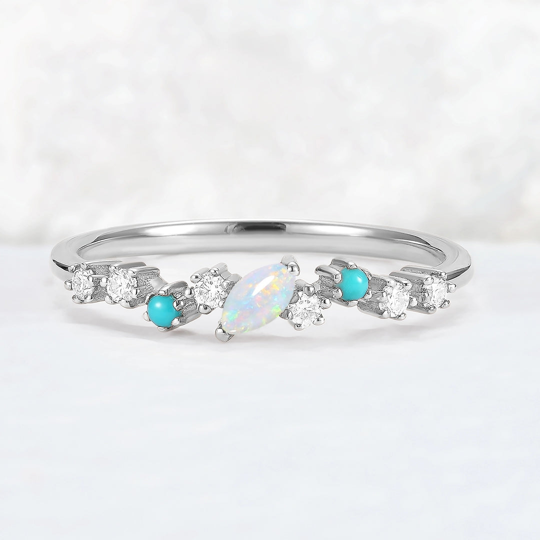 Straight Marquise Shaped Opal Half Enternity Stacking Ring