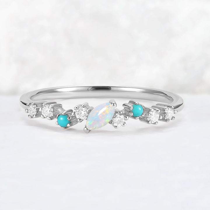 Straight Marquise Shaped Opal Half Enternity Stacking Ring
