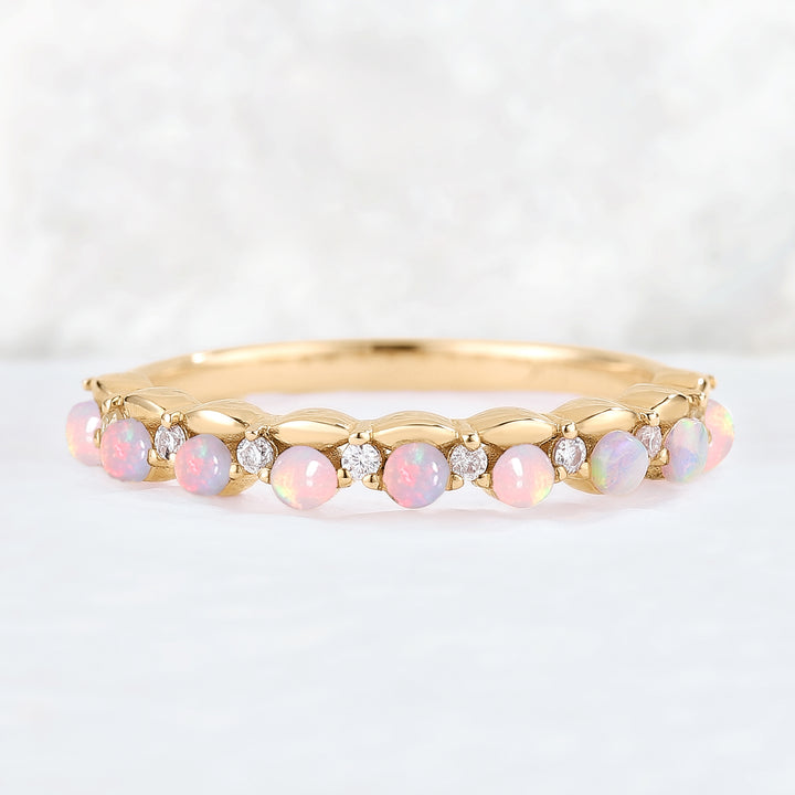 Straight Round Cut Opal and moissanite Half Eternity Stacking Ring