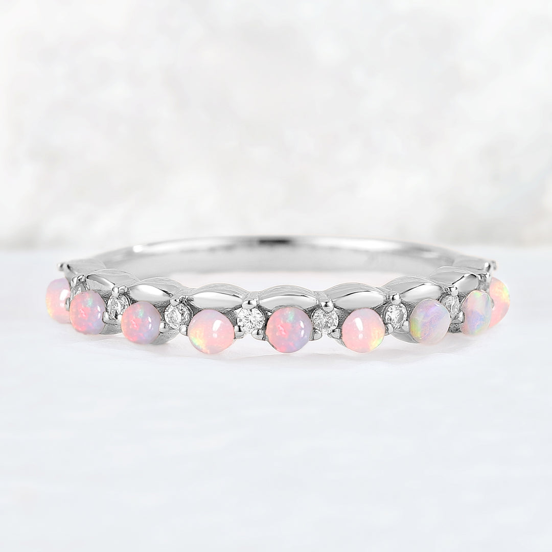 Straight Round Cut Opal and moissanite Half Eternity Stacking Ring