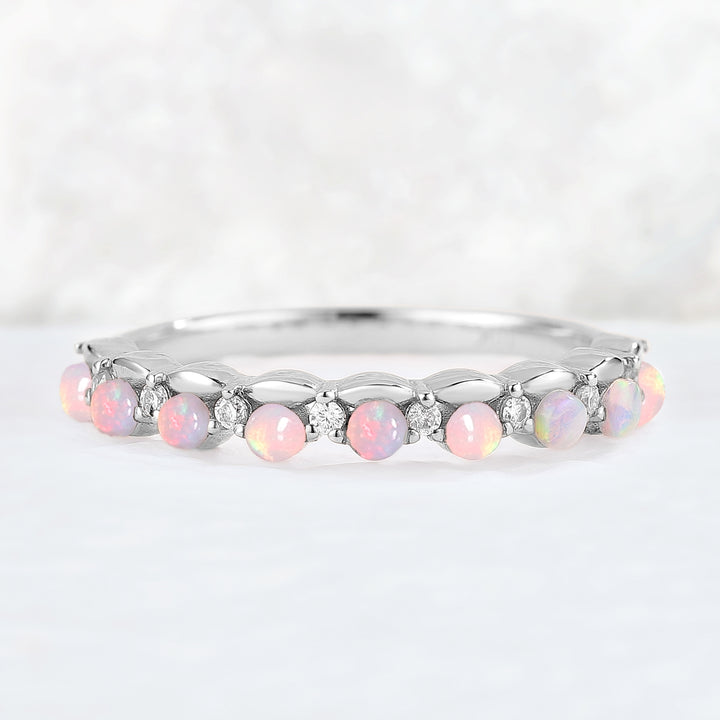 Straight Round Cut Opal and moissanite Half Eternity Stacking Ring