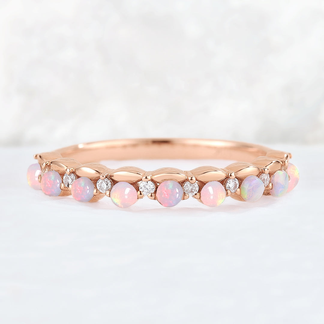 Straight Round Cut Opal and moissanite Half Eternity Stacking Ring