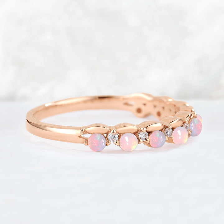 Straight Round Cut Opal and moissanite Half Eternity Stacking Ring