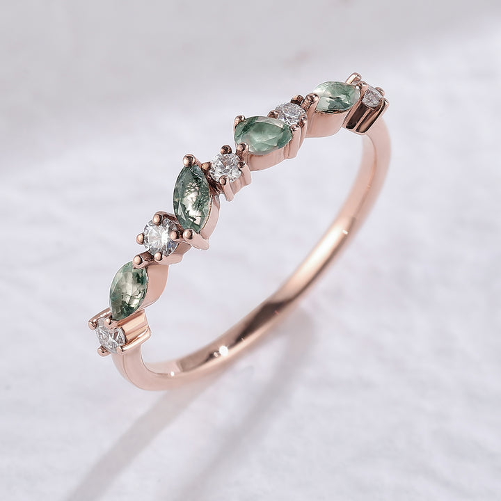 IverJewelry Straight Marquise Shaped Moss Agate Moissanite Half Enternity Wedding Band