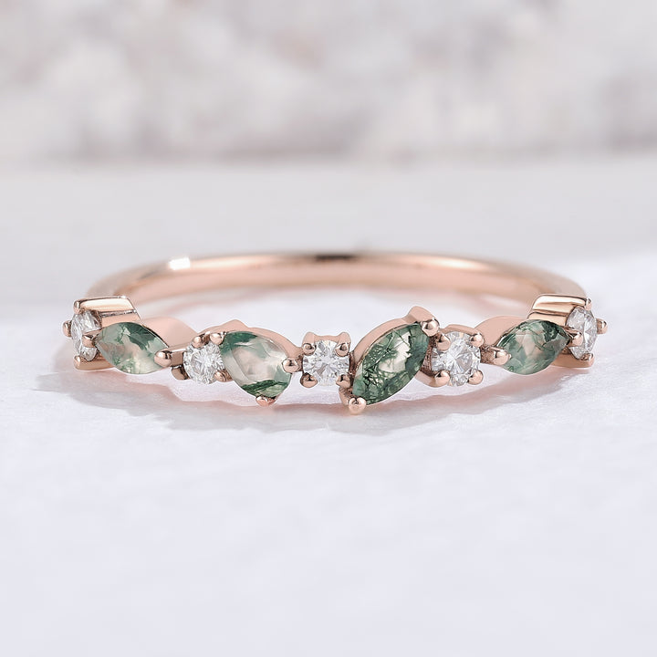 IverJewelry Straight Marquise Shaped Moss Agate Moissanite Half Enternity Wedding Band