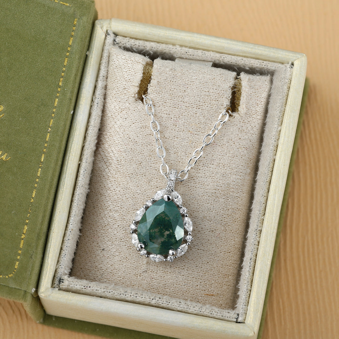 Timeless Pear Cut Moss Agate Necklace