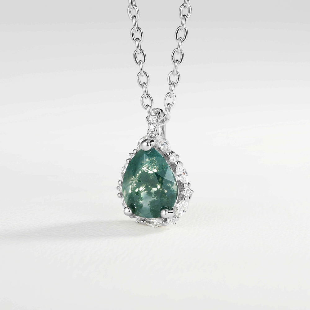 Timeless Pear Cut Moss Agate Sterling Silver Neckace - Ready to Ship