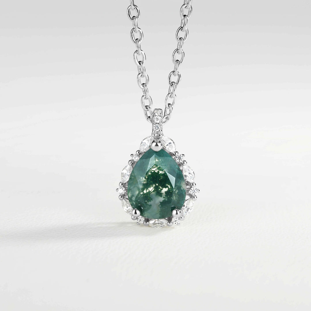 Timeless Pear Cut Moss Agate Sterling Silver Neckace - Ready to Ship