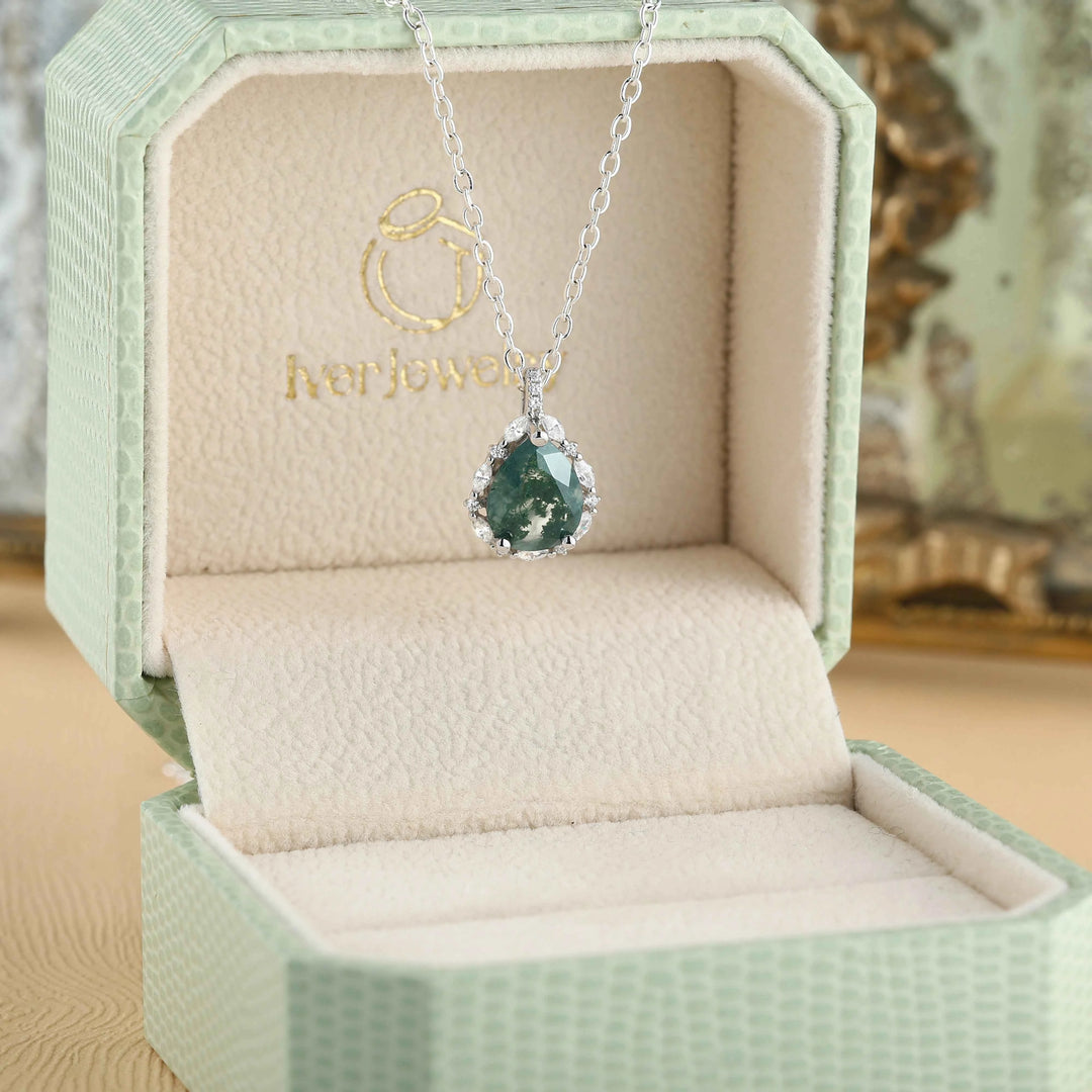 Timeless Pear Cut Moss Agate Sterling Silver Neckace - Ready to Ship