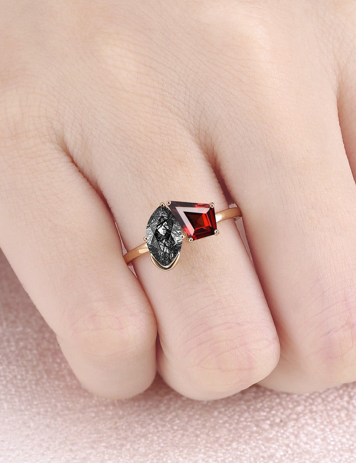 Toi Et Moi Two Stone Garnet & Black Rutilated Quartz Gemstone Rings