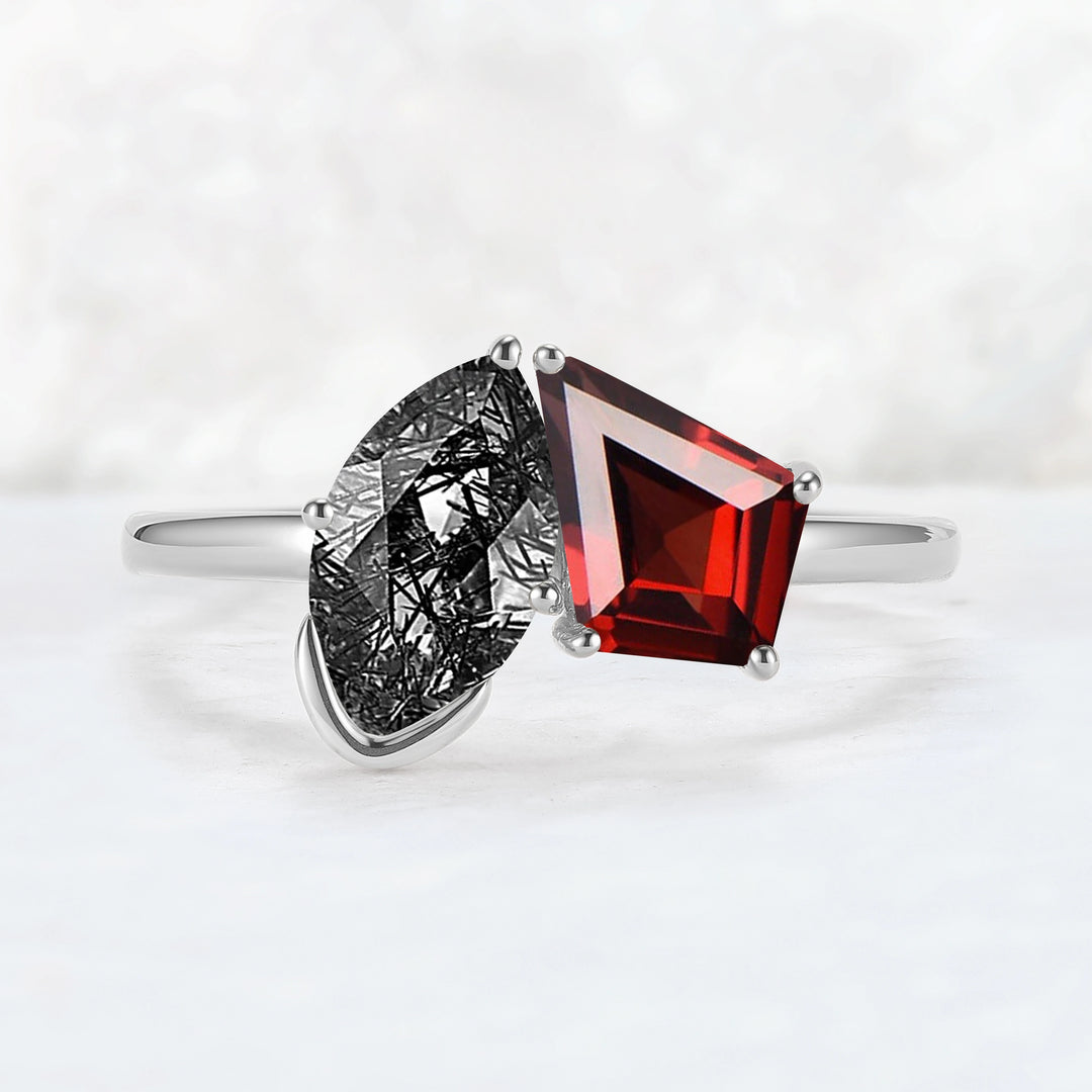 Toi Et Moi Two Stone Garnet & Black Rutilated Quartz Gemstone Rings
