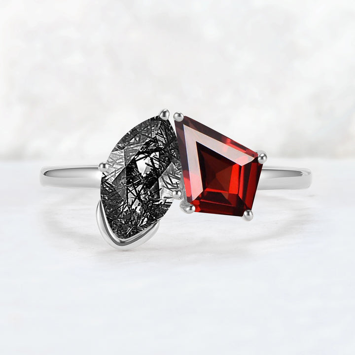 Toi Et Moi Two Stone Garnet & Black Rutilated Quartz Gemstone Rings