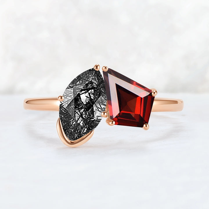 Toi Et Moi Two Stone Garnet & Black Rutilated Quartz Gemstone Rings