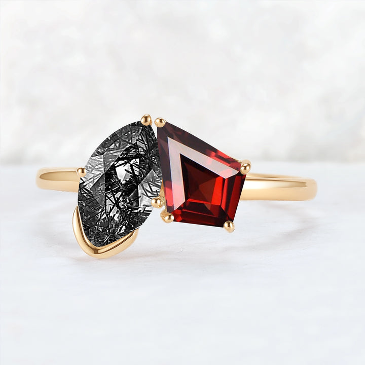Toi Et Moi Two Stone Garnet & Black Rutilated Quartz Gemstone Rings