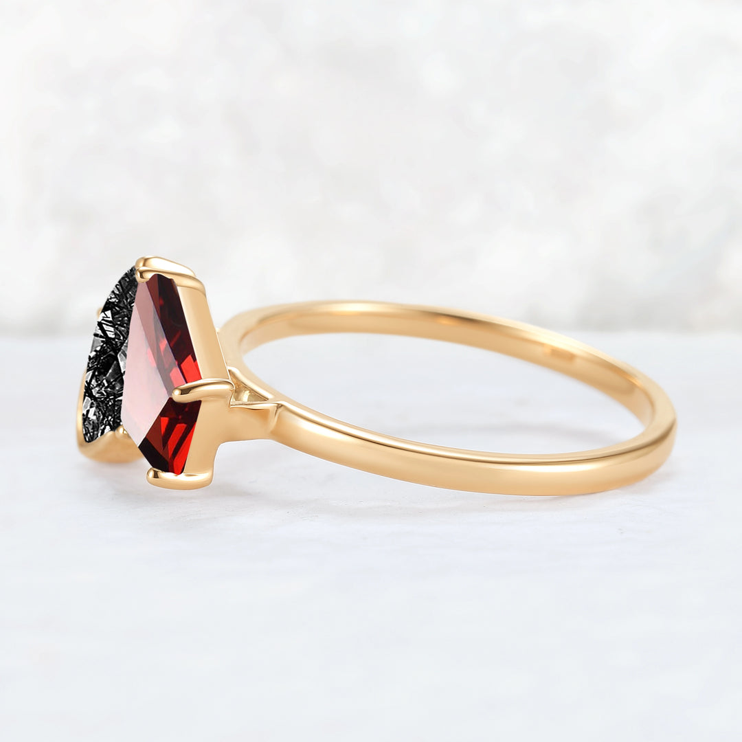 Toi Et Moi Two Stone Garnet & Black Rutilated Quartz Gemstone Rings