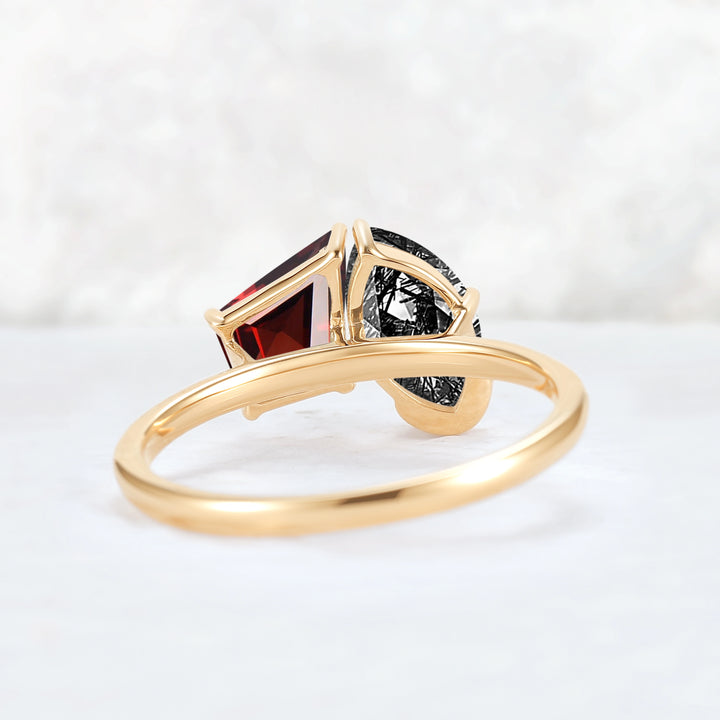 Toi Et Moi Two Stone Garnet & Black Rutilated Quartz Gemstone Rings