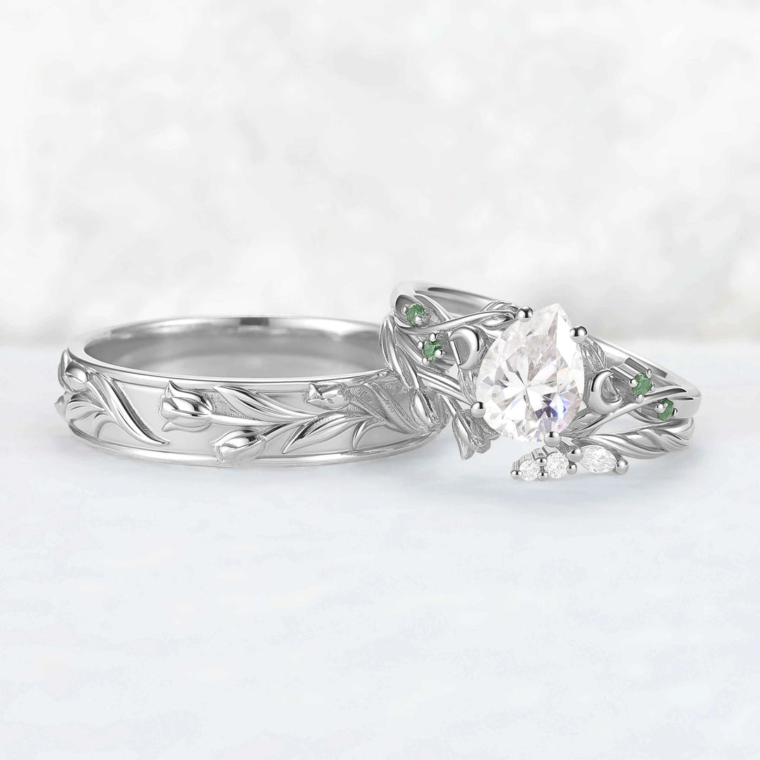 Tulip Inspired Pear Cut Moissanite with Moon Couple Ring