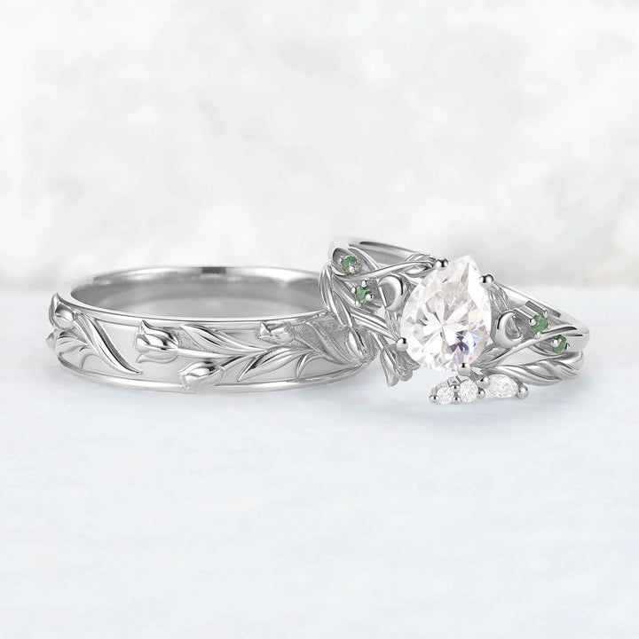 Tulip Inspired Pear Cut Moissanite with Moon Couple Ring