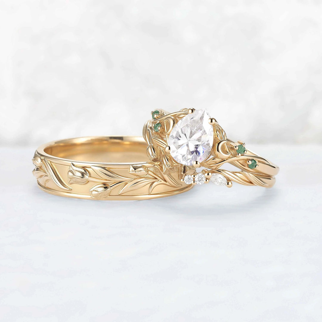 Tulip Inspired Pear Cut Moissanite with Moon Couple Ring