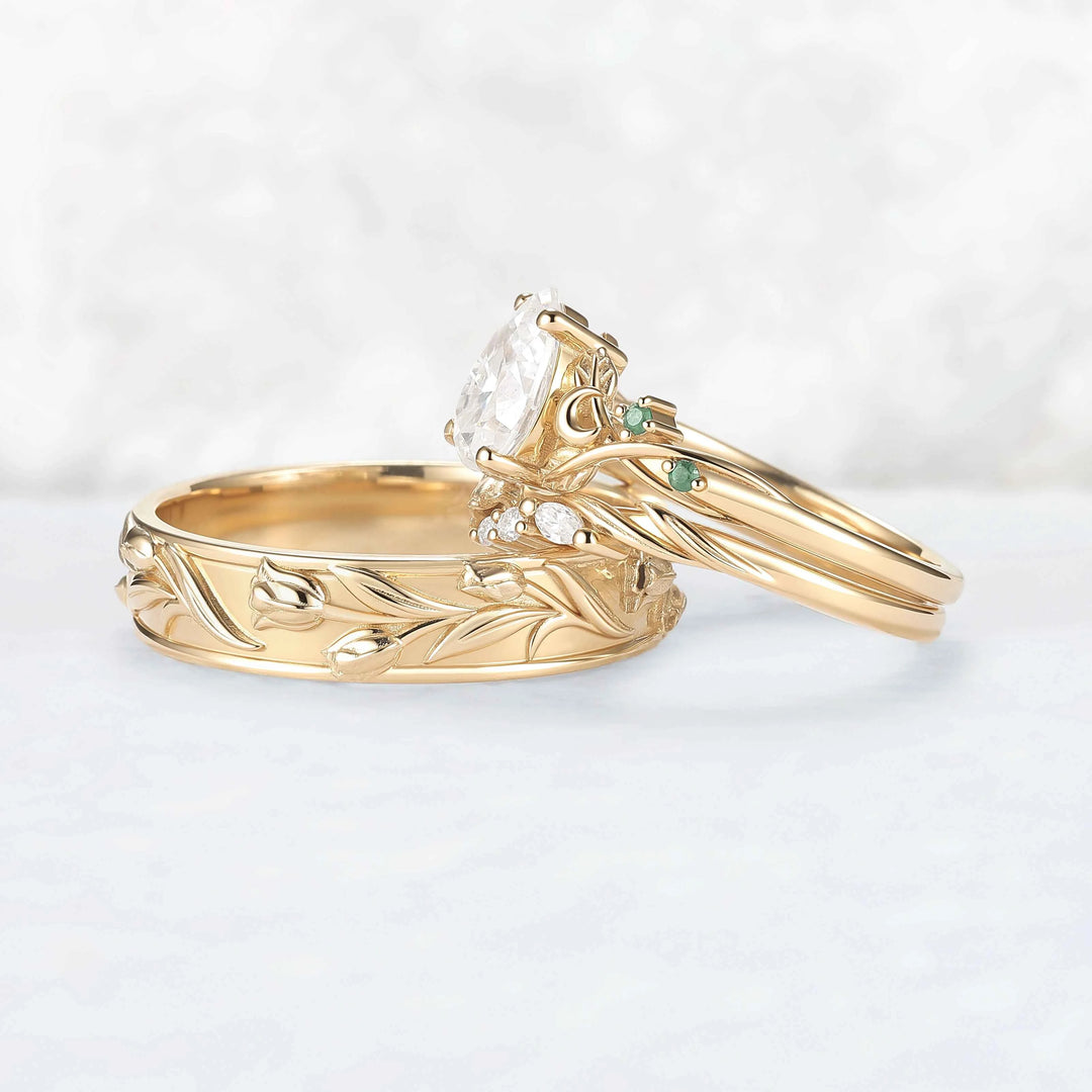 Tulip Inspired Pear Cut Moissanite with Moon Couple Ring