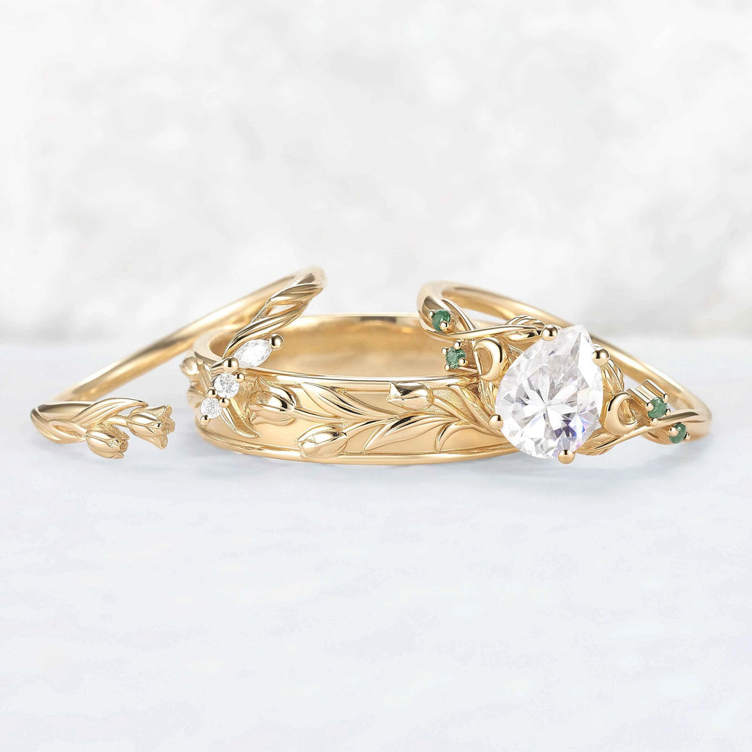 Tulip Inspired Pear Cut Moissanite with Moon Couple Ring