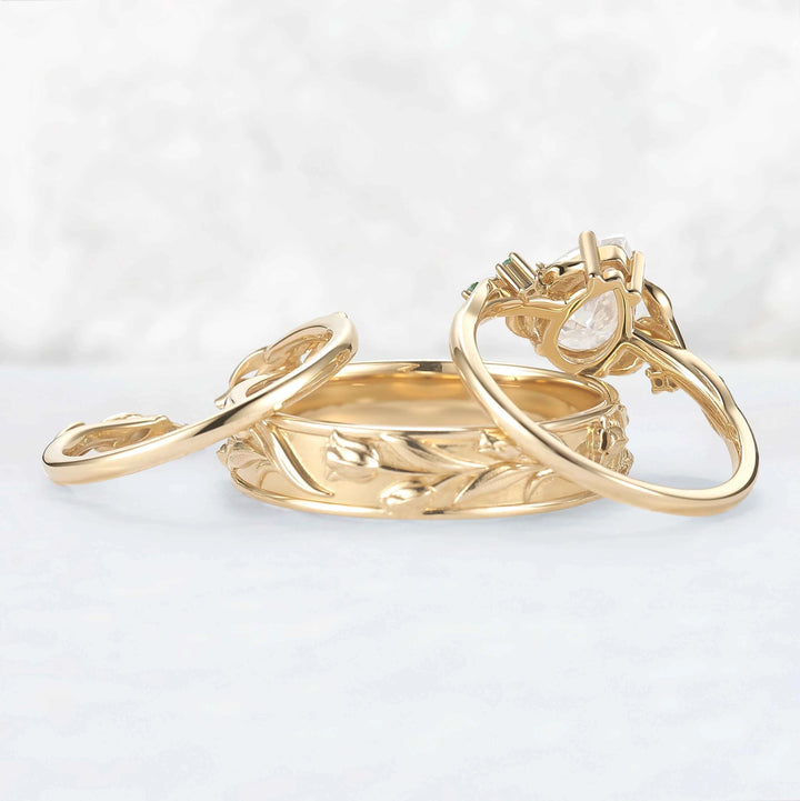 Tulip Inspired Pear Cut Moissanite with Moon Couple Ring