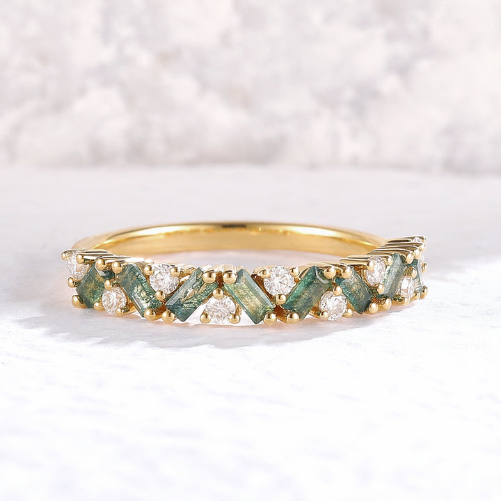 Unique Baguette Moss Agate Moissanite Art Half Eternity Wedding Band For Woman