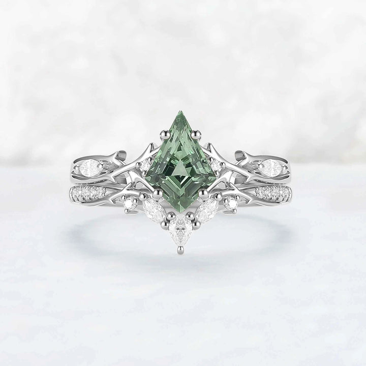 Unique Cluster Kite-Cut Green Sapphire Ring Set with Vine Band Design 2pcs