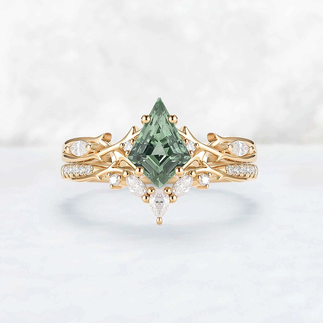 Unique Cluster Kite-Cut Green Sapphire Ring Set with Vine Band Design 2pcs