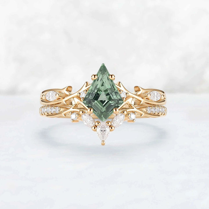 Unique Cluster Kite-Cut Green Sapphire Ring Set with Vine Band Design 2pcs