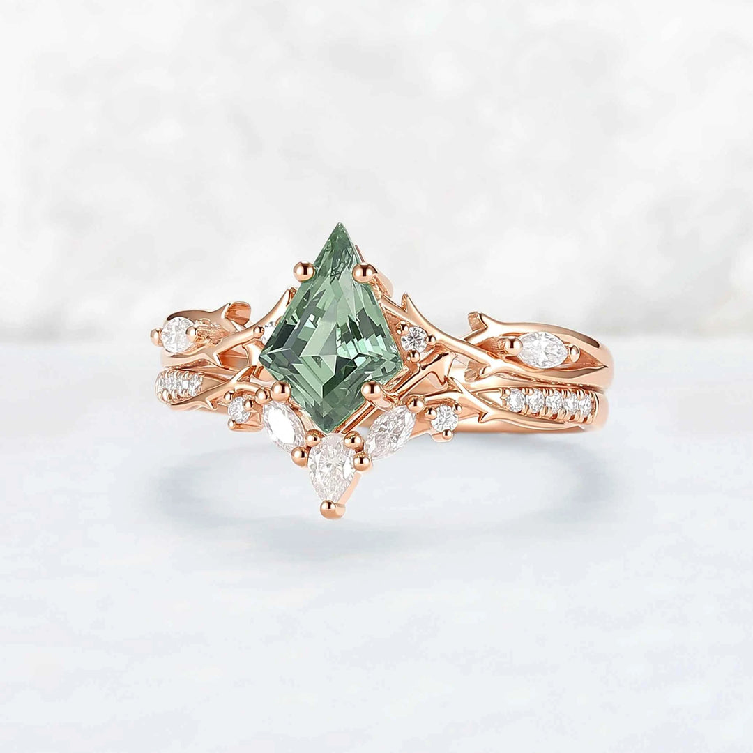 Unique Cluster Kite-Cut Green Sapphire Ring Set with Vine Band Design 2pcs