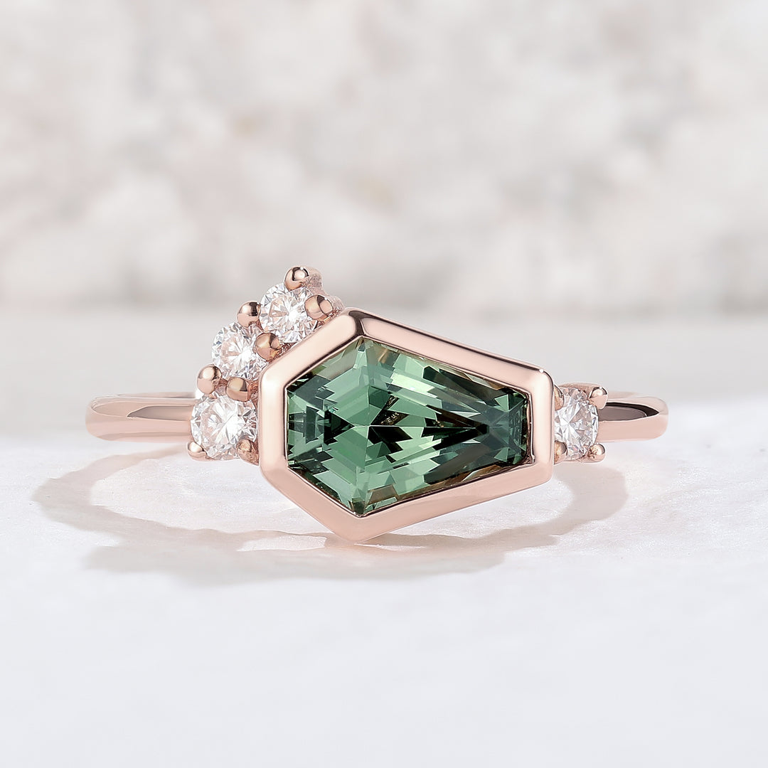 Unique Conffin Shaped Green Sapphire Cluster Engagement Ring