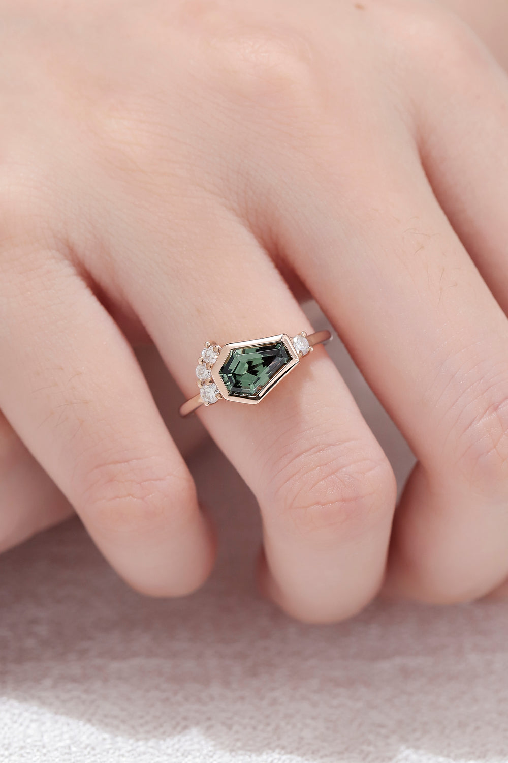 Unique Conffin Shaped Green Sapphire Cluster Engagement Ring