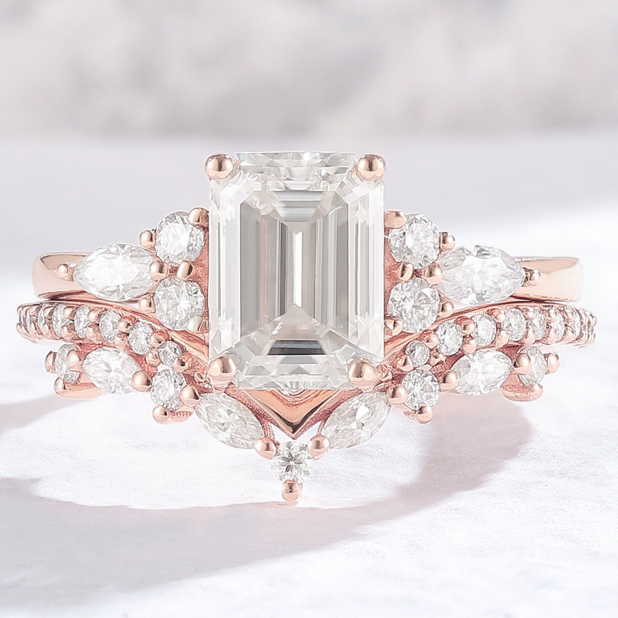 Unique Emerald Cut Moissanite Cluster Engagement Ring Set 2PCS
