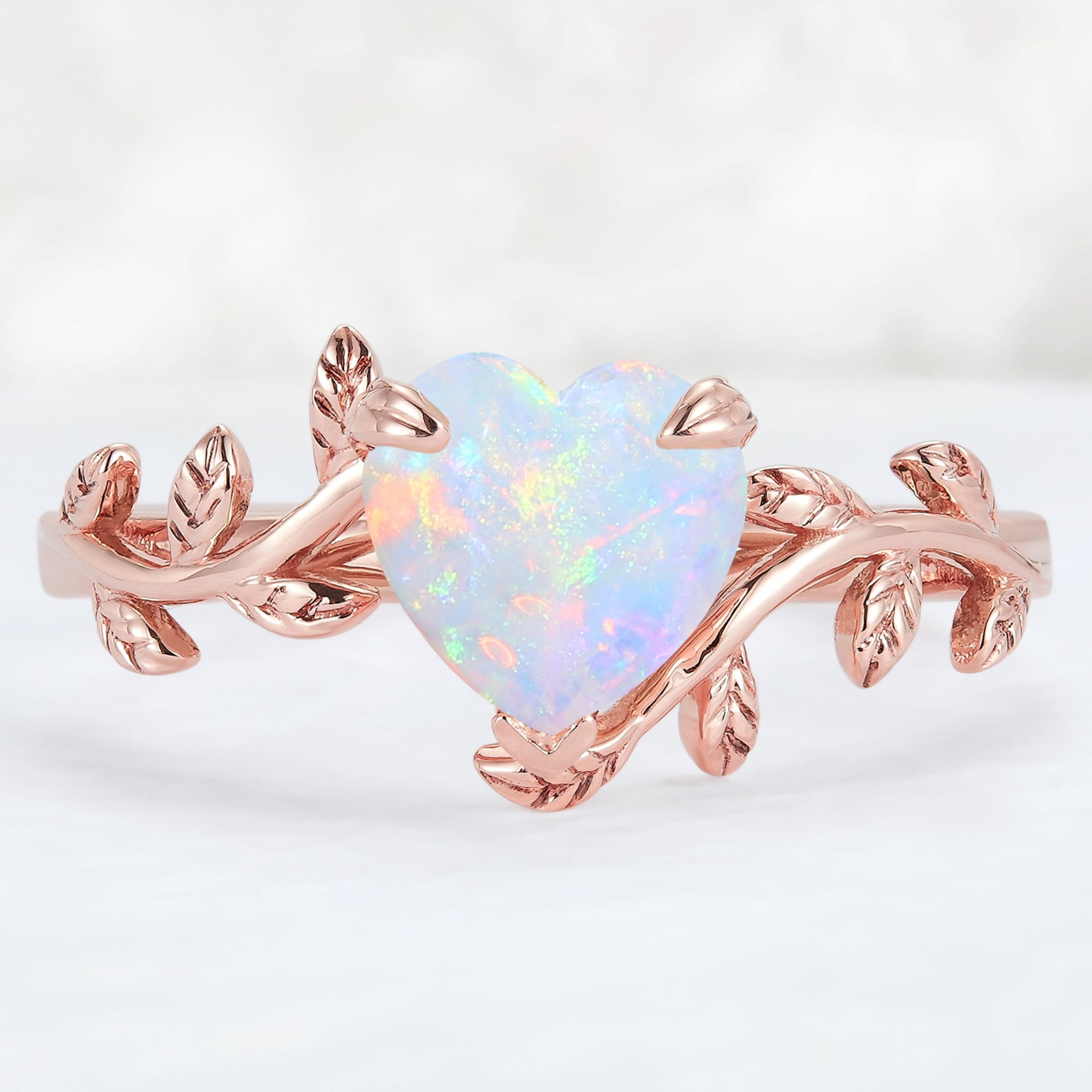 Unique Heart Shaped Opal Leaf Engagement Ring
