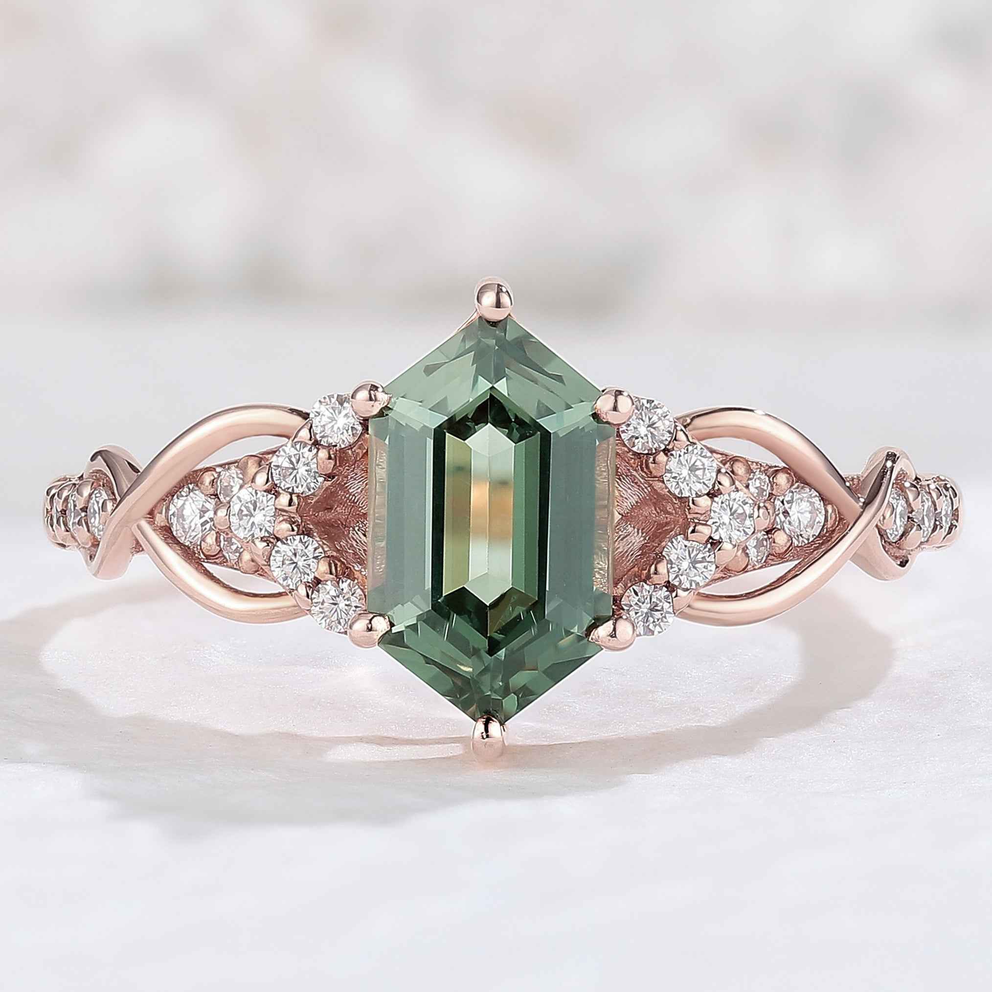 Unique Hexagon Cut Green Sapphire Vine Engagement Ring