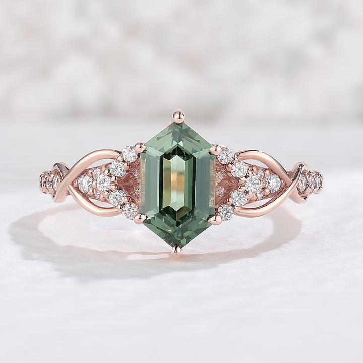 Unique Hexagon Cut Green Sapphire Vine Engagement Ring