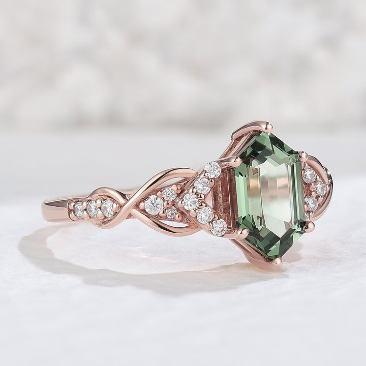 Unique Hexagon Cut Green Sapphire Vine Engagement Ring