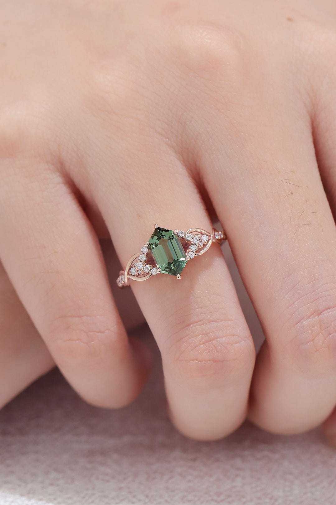 Unique Hexagon Cut Green Sapphire Vine Engagement Ring