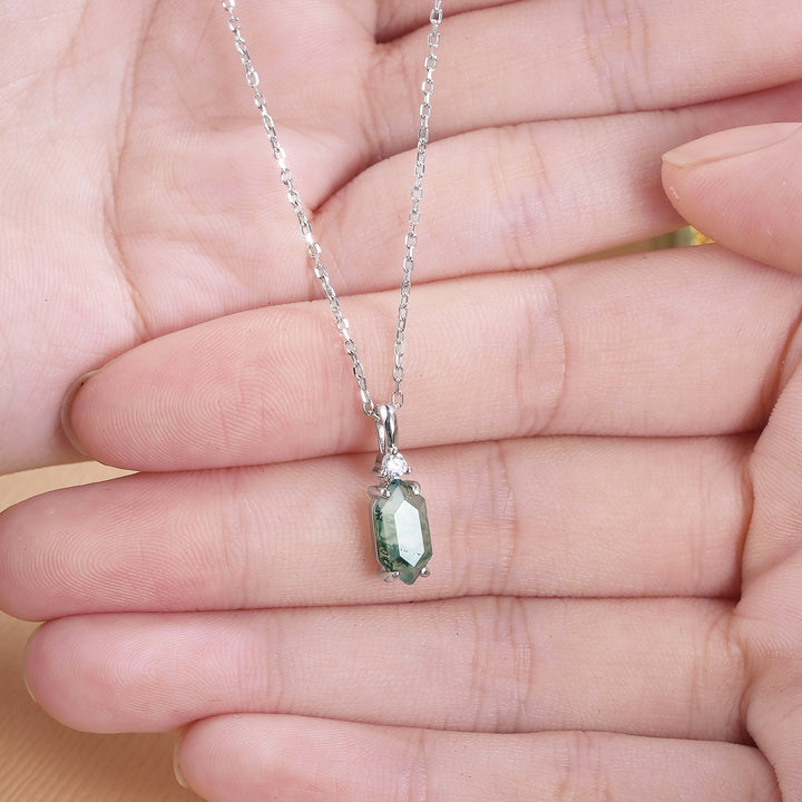 Unique Hexagon Cut Moss Agate Moissanite Pendant