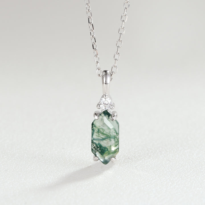 Unique Hexagon Cut Moss Agate Moissanite Pendant