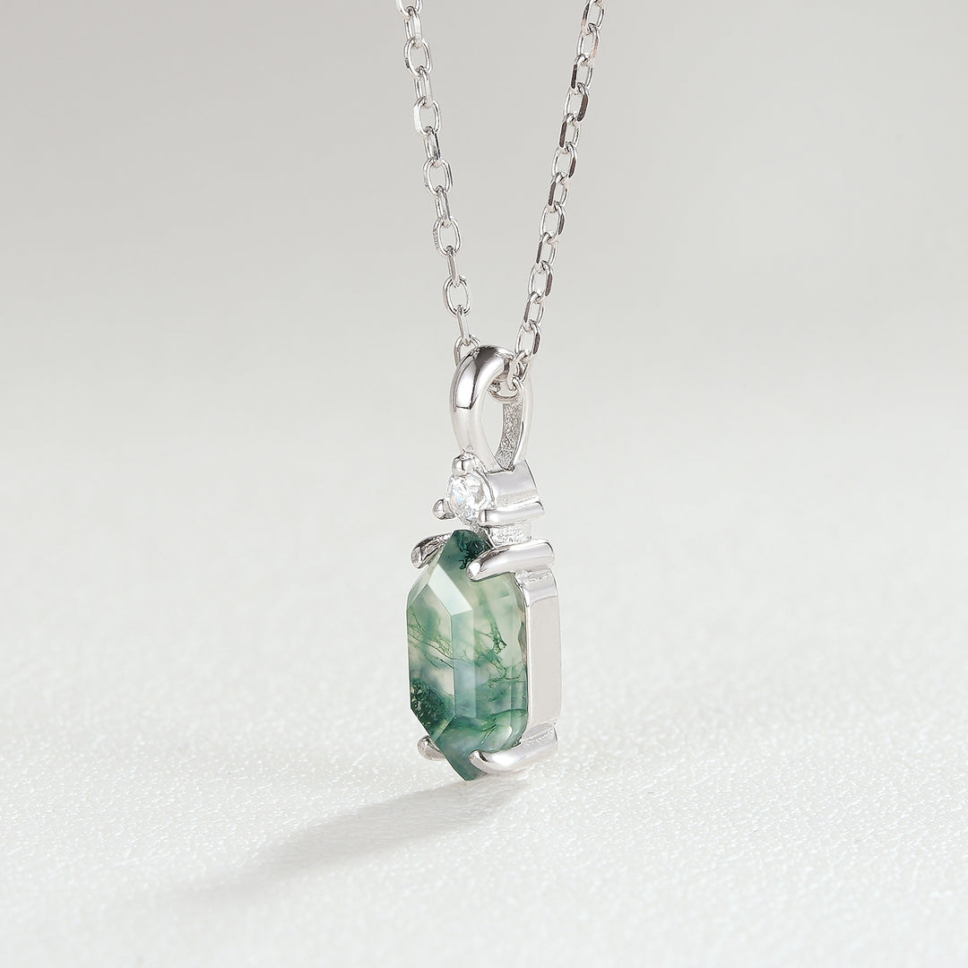 Unique Hexagon Cut Moss Agate Moissanite Pendant