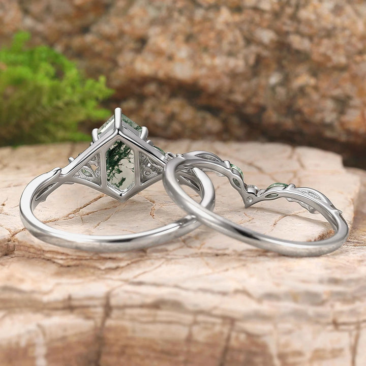 Unique Hexagon Cut Moss Agate Vine Leaf Gemstone Ring Set 2pcs
