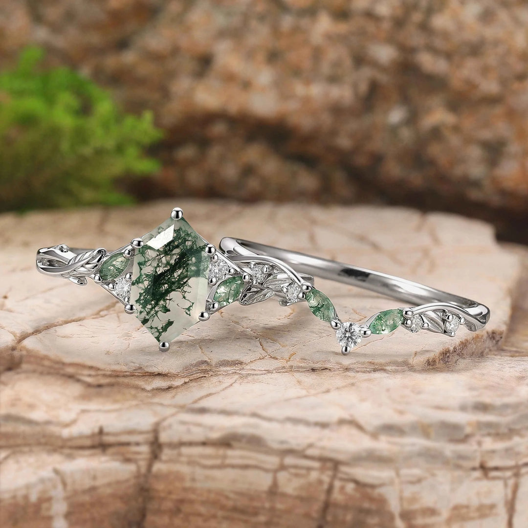 Unique Hexagon Cut Moss Agate Vine Leaf Gemstone Ring Set 2pcs