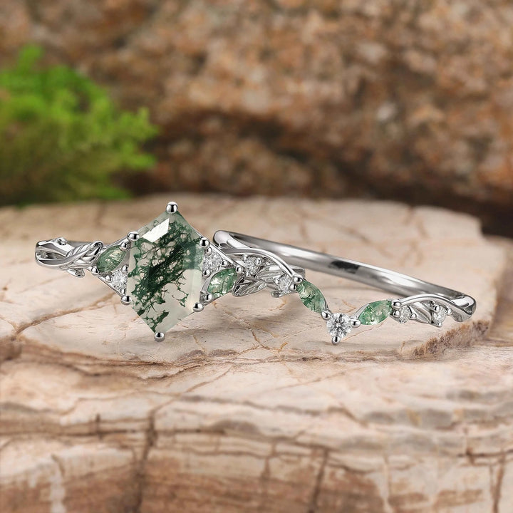 Unique Hexagon Cut Moss Agate Vine Leaf Gemstone Ring Set 2pcs