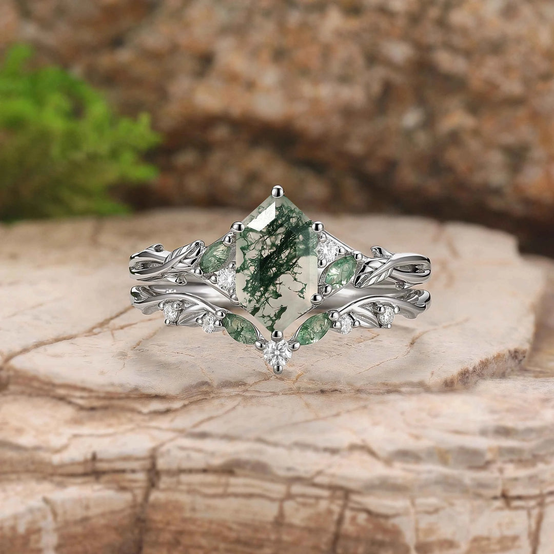 Unique Hexagon Cut Moss Agate Vine Leaf Gemstone Ring Set 2pcs